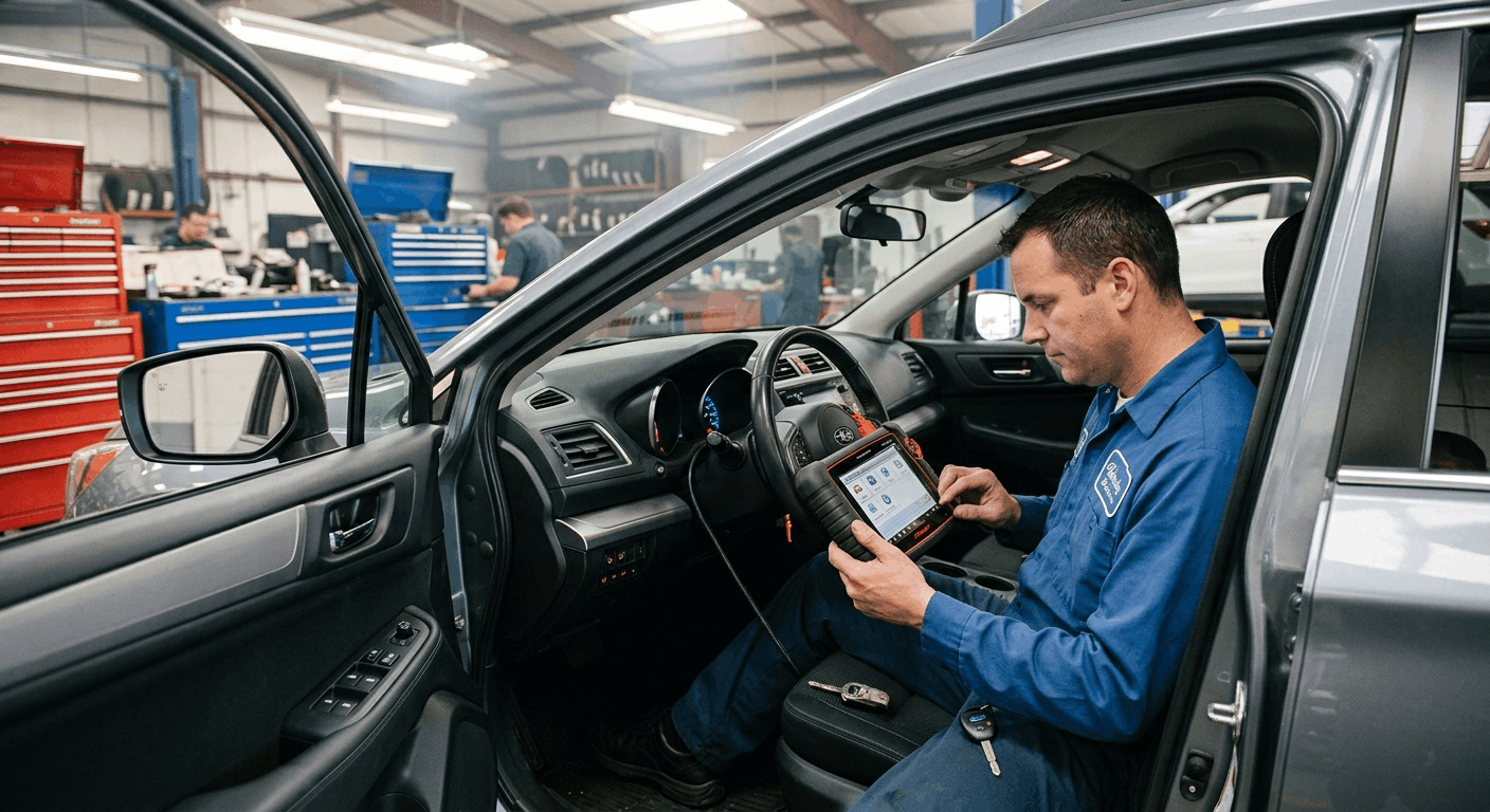 technician programming car key using obd scan tool inside vehicle
