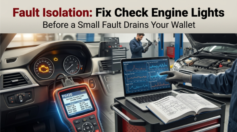 Technician diagnosing check engine light using OBD scanner and live data