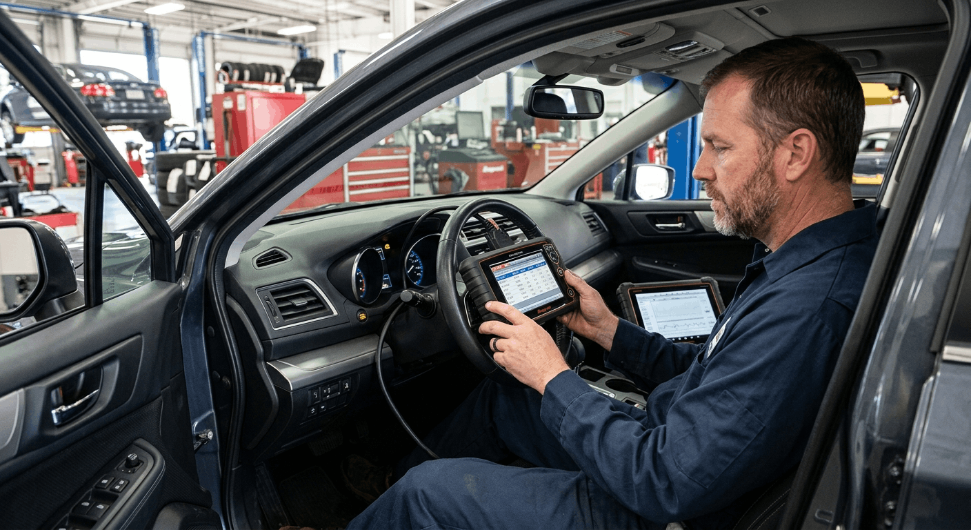 technician reviewing freeze frame data using obd scan tool in car