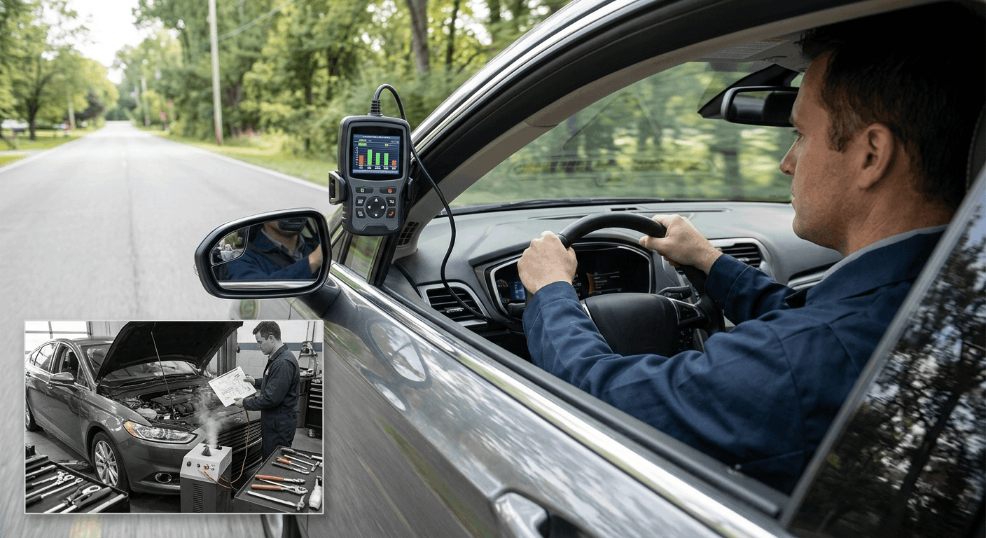 technician verifying car repair using obd drive cycle on road