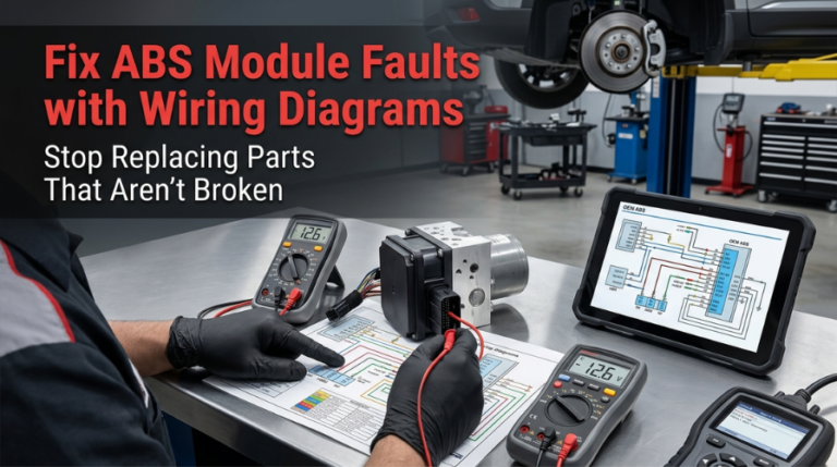Technician diagnosing ABS module fault using wiring diagram and multimeter