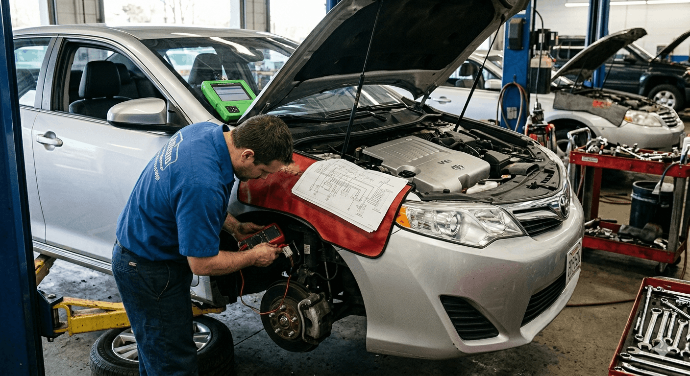 technician diagnosing abs fault using wiring diagram and multimeter