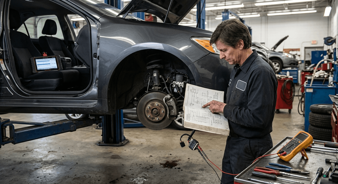 technician using factory wiring diagram for abs module pin testing