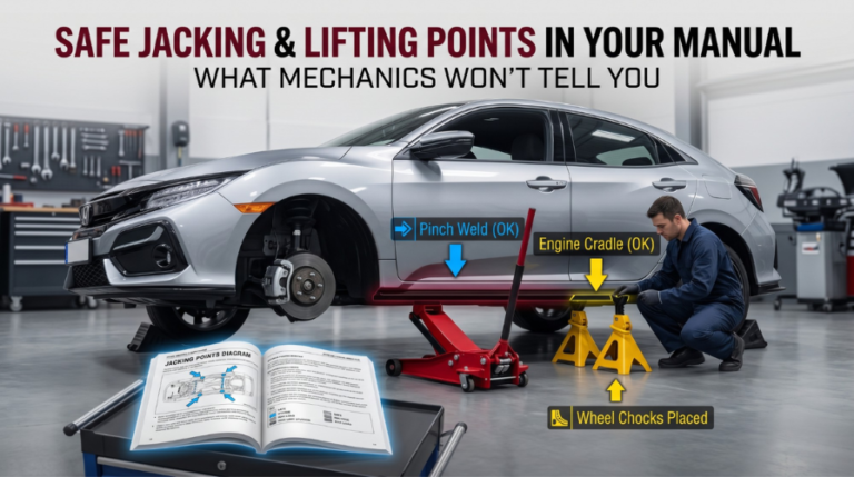 Technician safely lifting car using OEM jacking points and jack stands