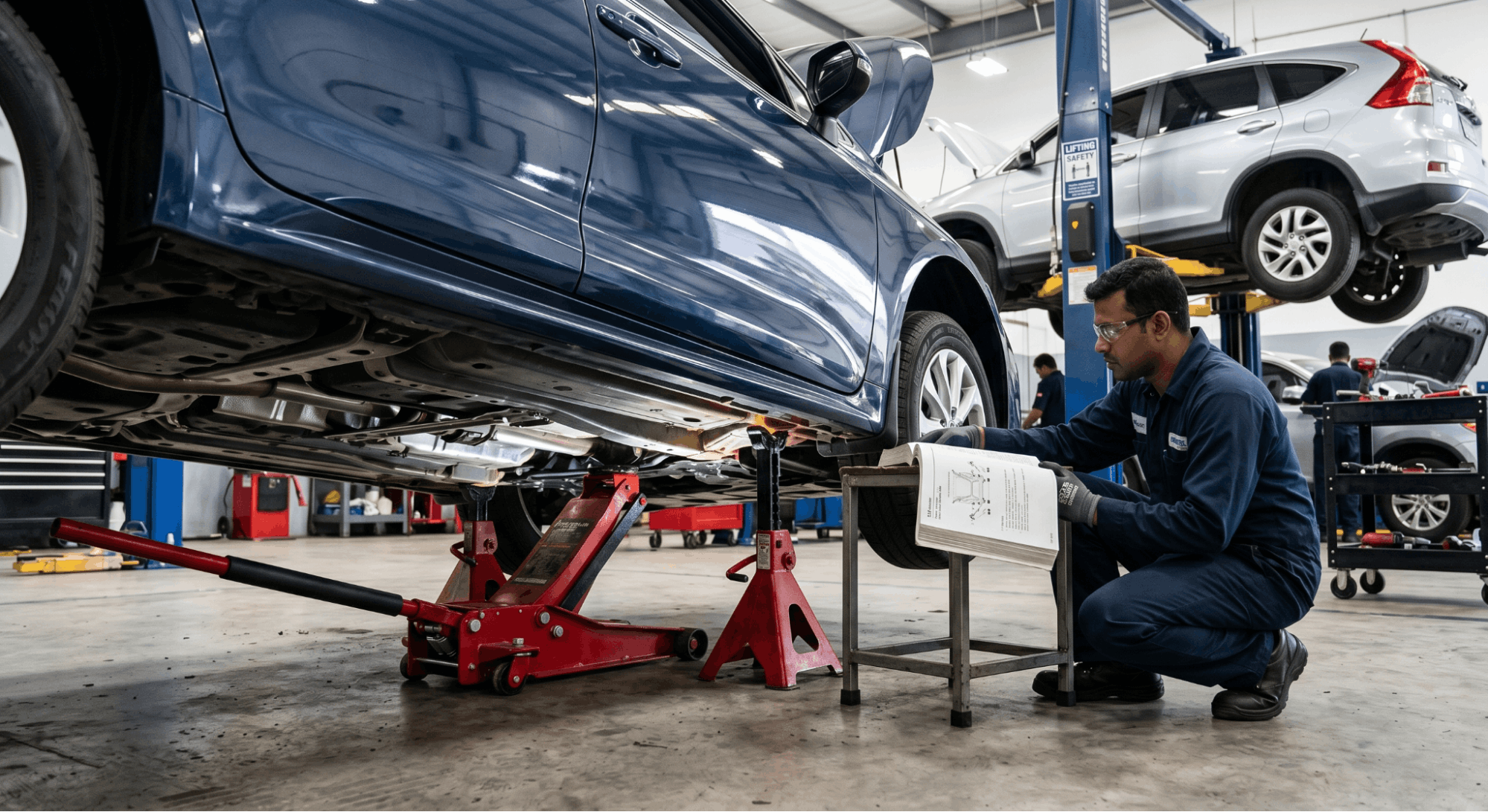 technician lifting vehicle using OEM jacking points with floor jack and stands
