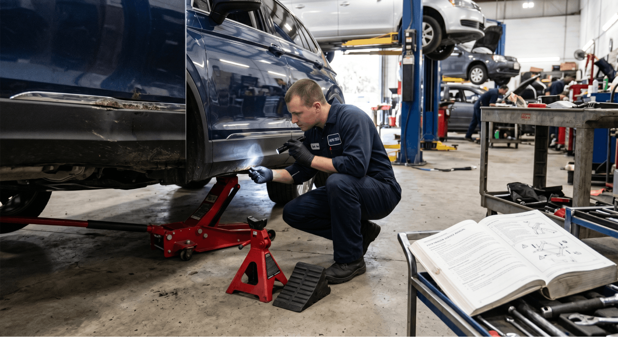 technician inspecting rusty pinch weld before lifting vehicle