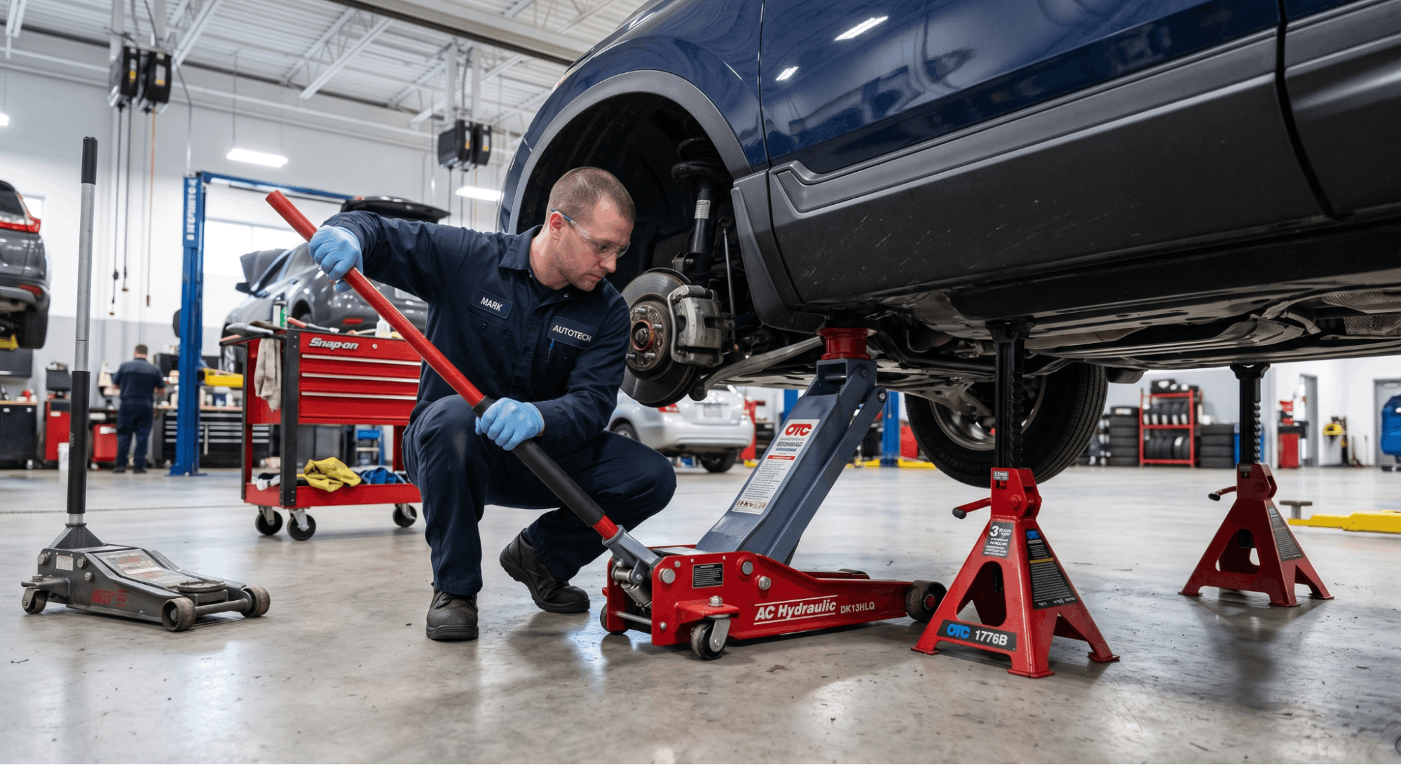 technician lifting car with floor jack and placing jack stands at OEM points