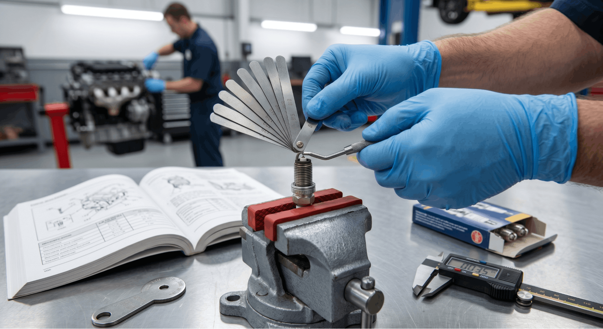 technician precisely adjusting spark plug gap with feeler gauge