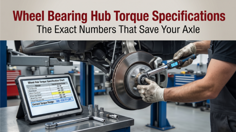 Technician tightening wheel hub bearing using torque wrench and OEM specifications
