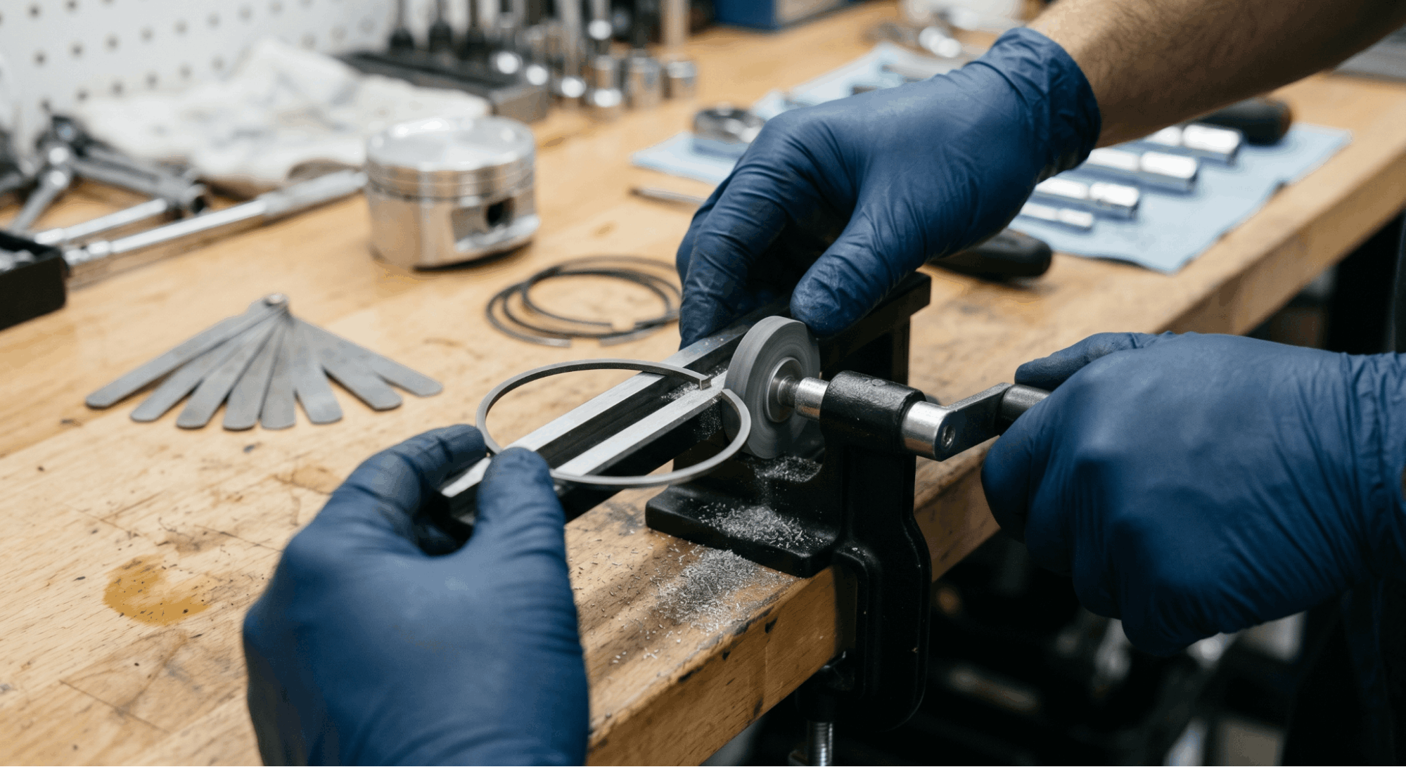 mechanic filing piston ring end gap