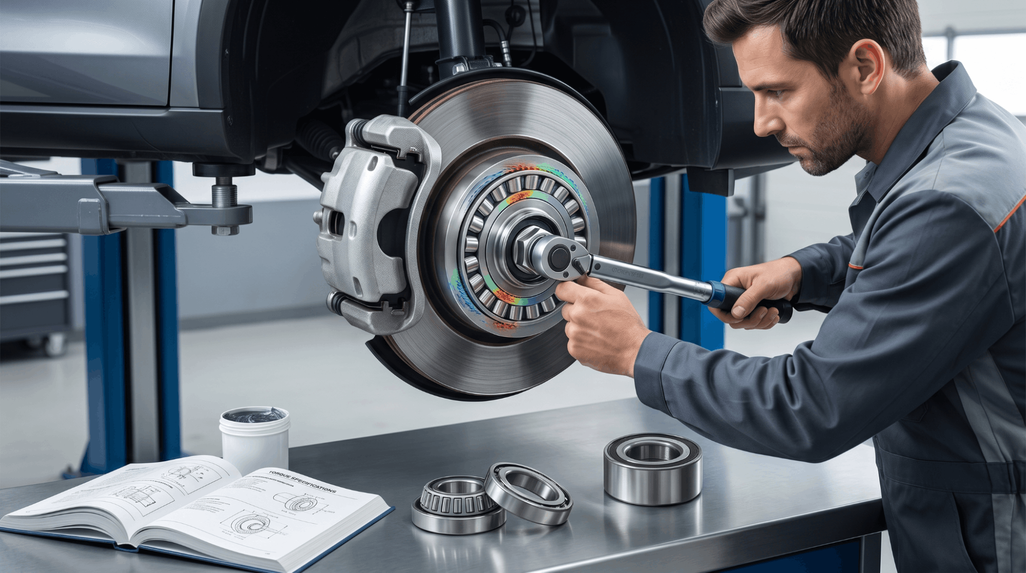 mechanic tightening wheel hub nut with torque wrench on bearing assembly