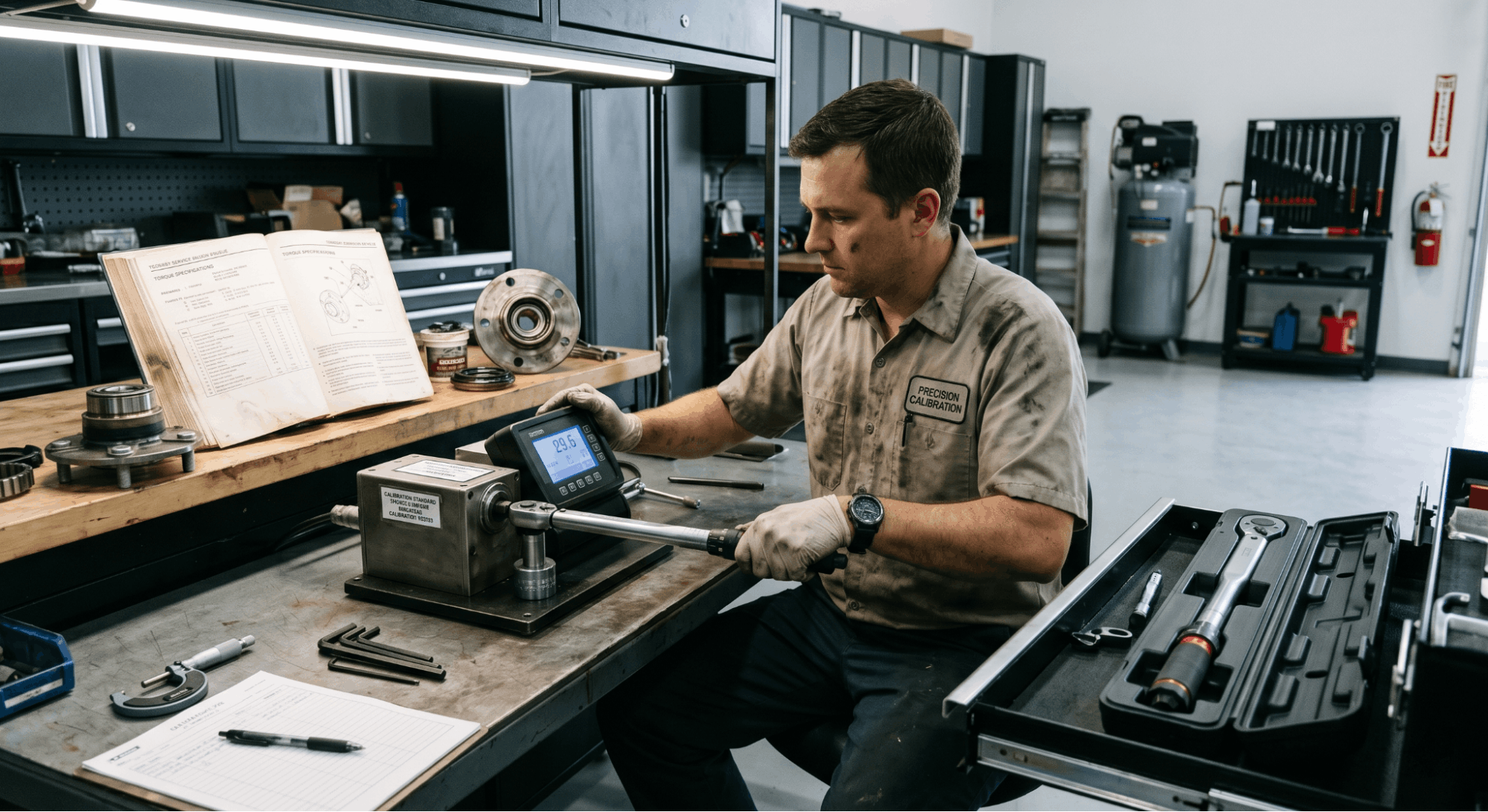 calibrating torque wrench using tester in automotive workshop