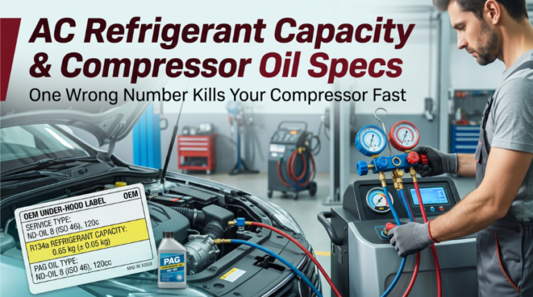 Technician servicing car AC system using refrigerant gauge and OEM specifications