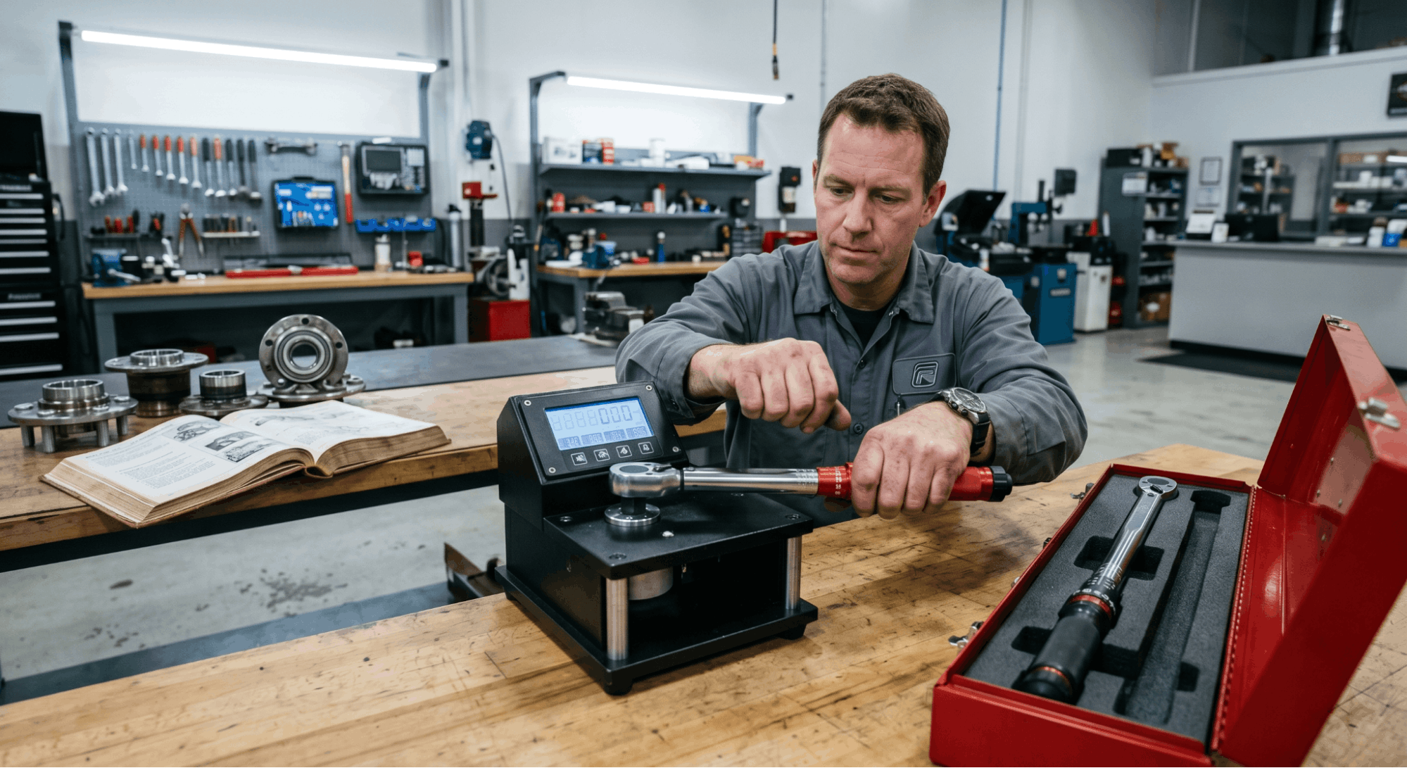 calibrating torque wrench using tester in automotive workshop