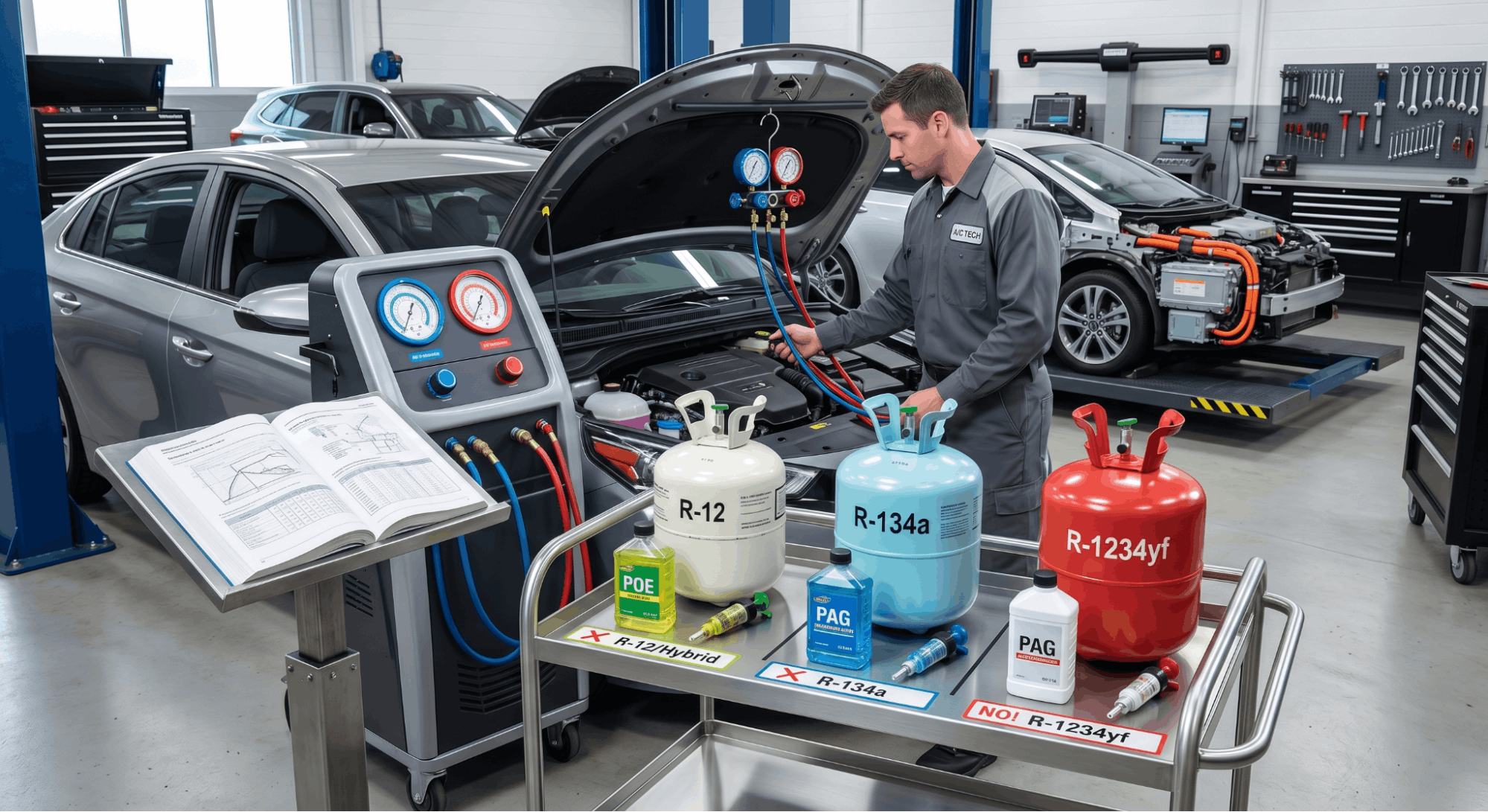 technician comparing refrigerant types and compressor oil compatibility in workshop