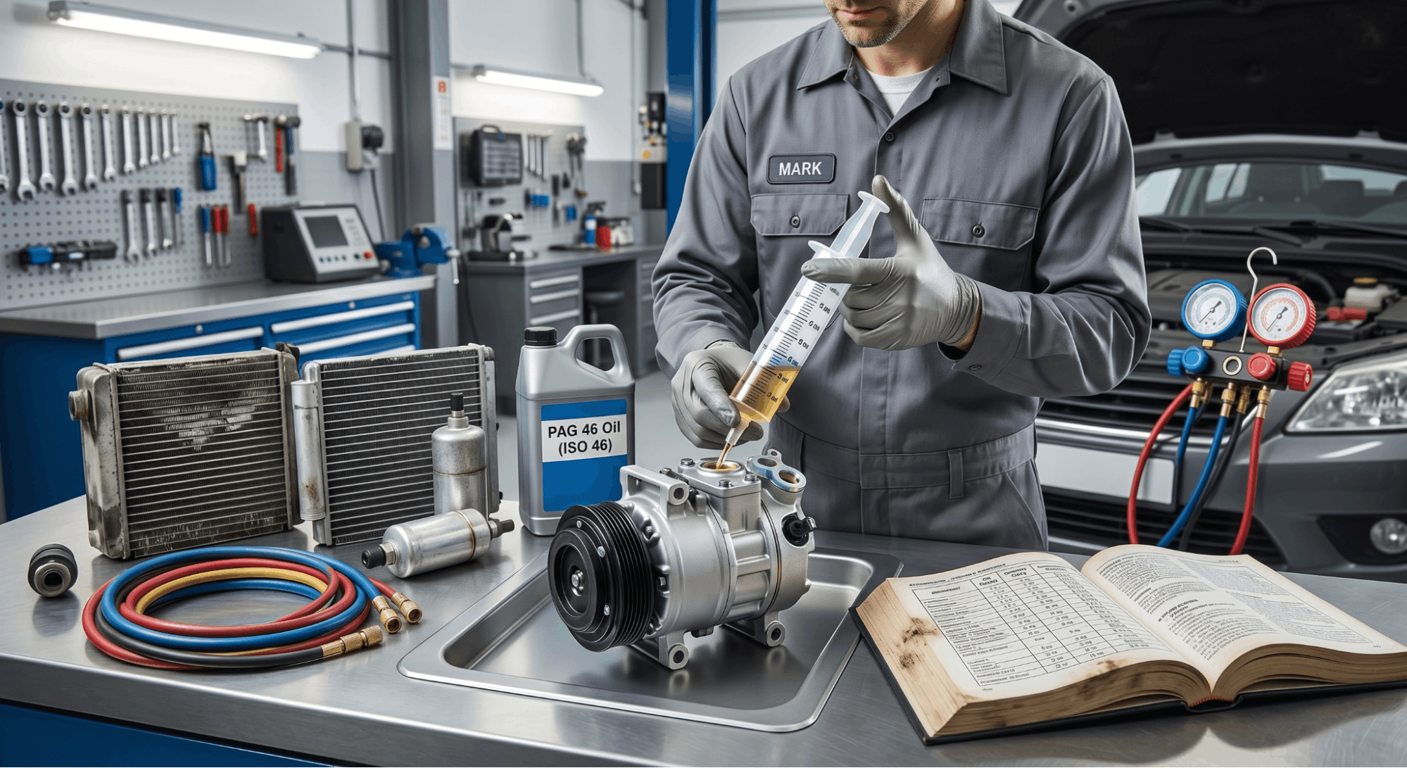 technician measuring A/C oil for compressor replacement in workshop