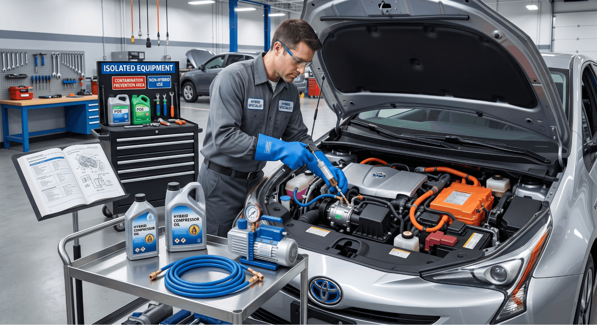 technician servicing hybrid electric AC compressor with insulated tools and oil injector