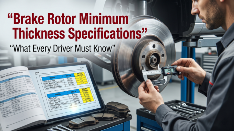 Technician measuring brake rotor thickness using micrometer and OEM specifications