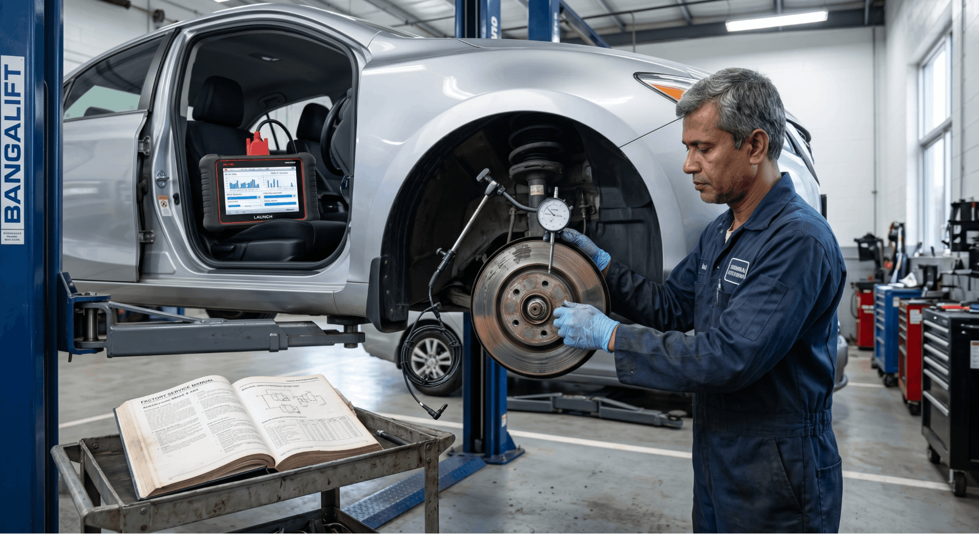 technician measuring brake rotor thickness with micrometer in workshop