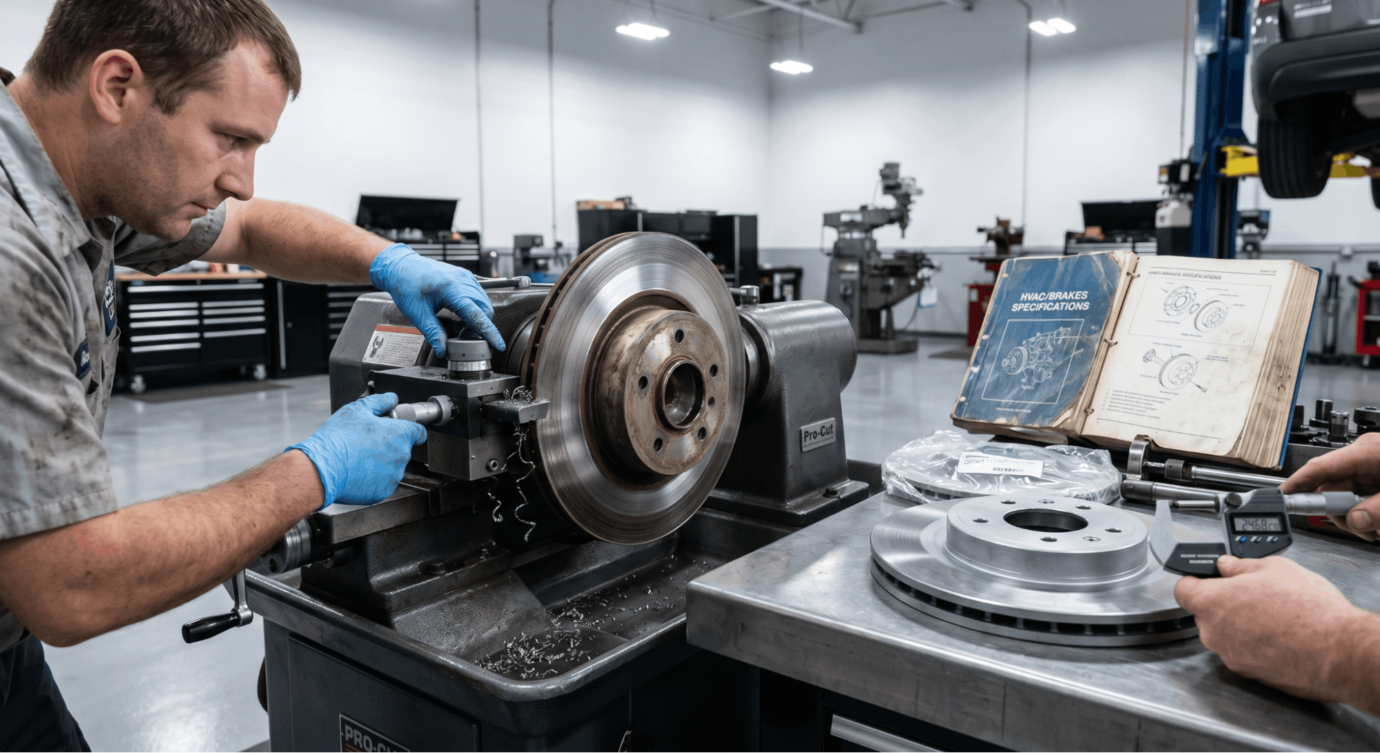 technician resurfacing brake rotor on lathe while measuring thickness