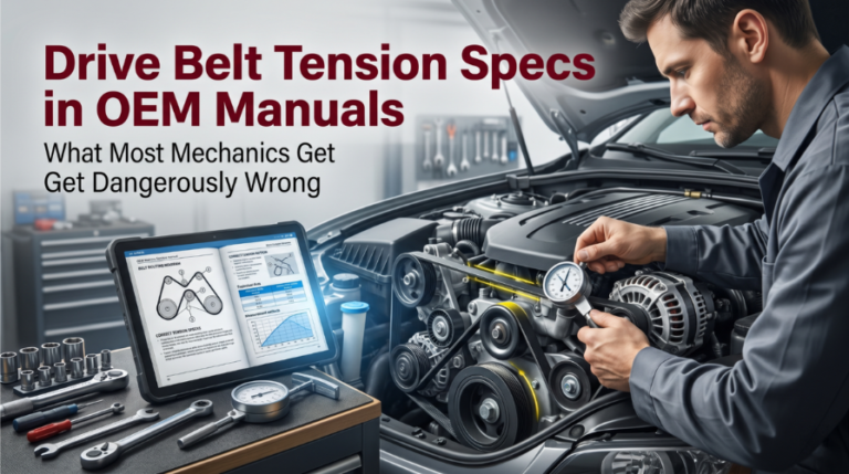 Technician measuring serpentine belt tension using OEM factory specifications