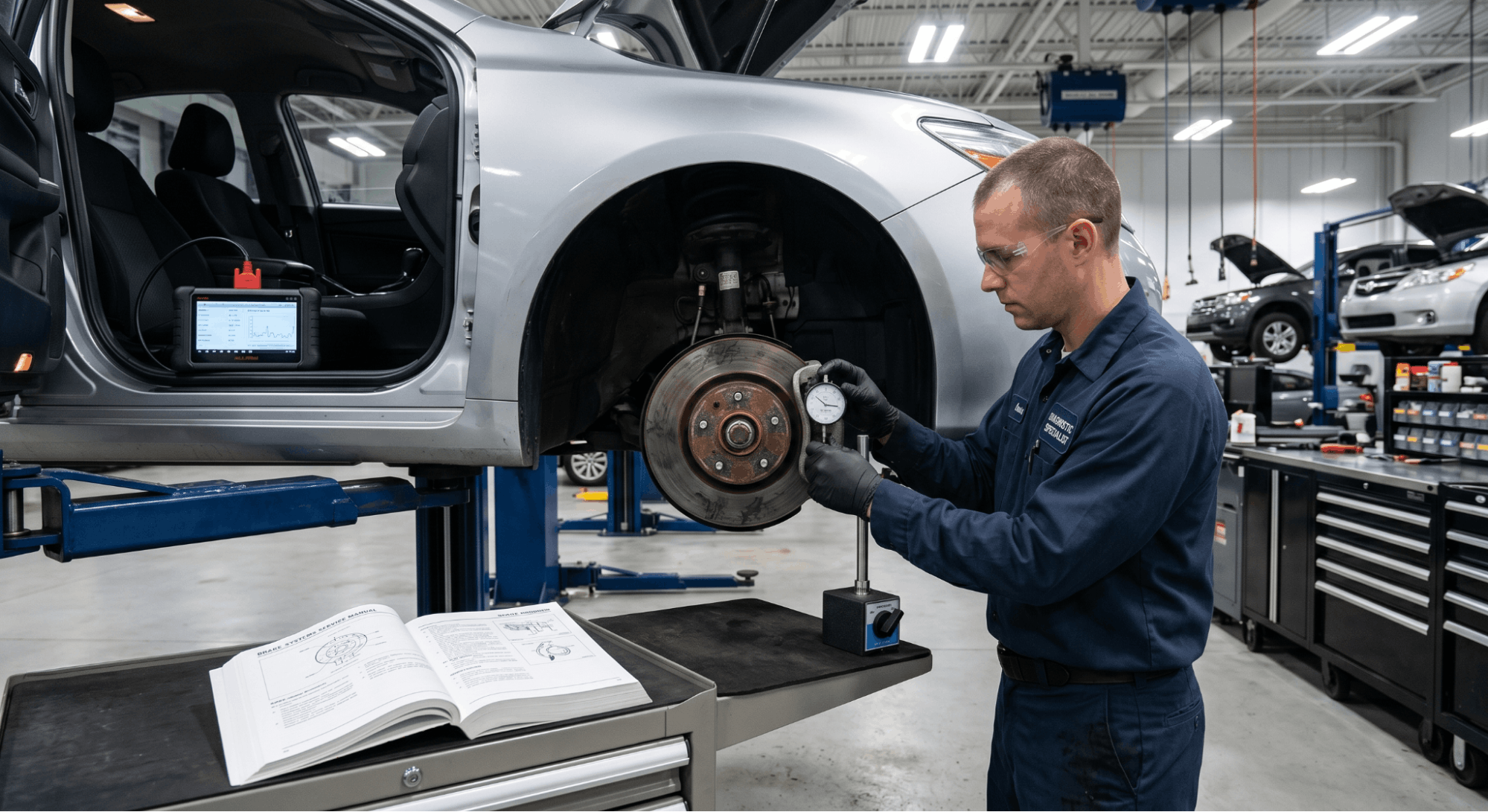 technician measuring brake rotor runout while diagnosing ABS system issue