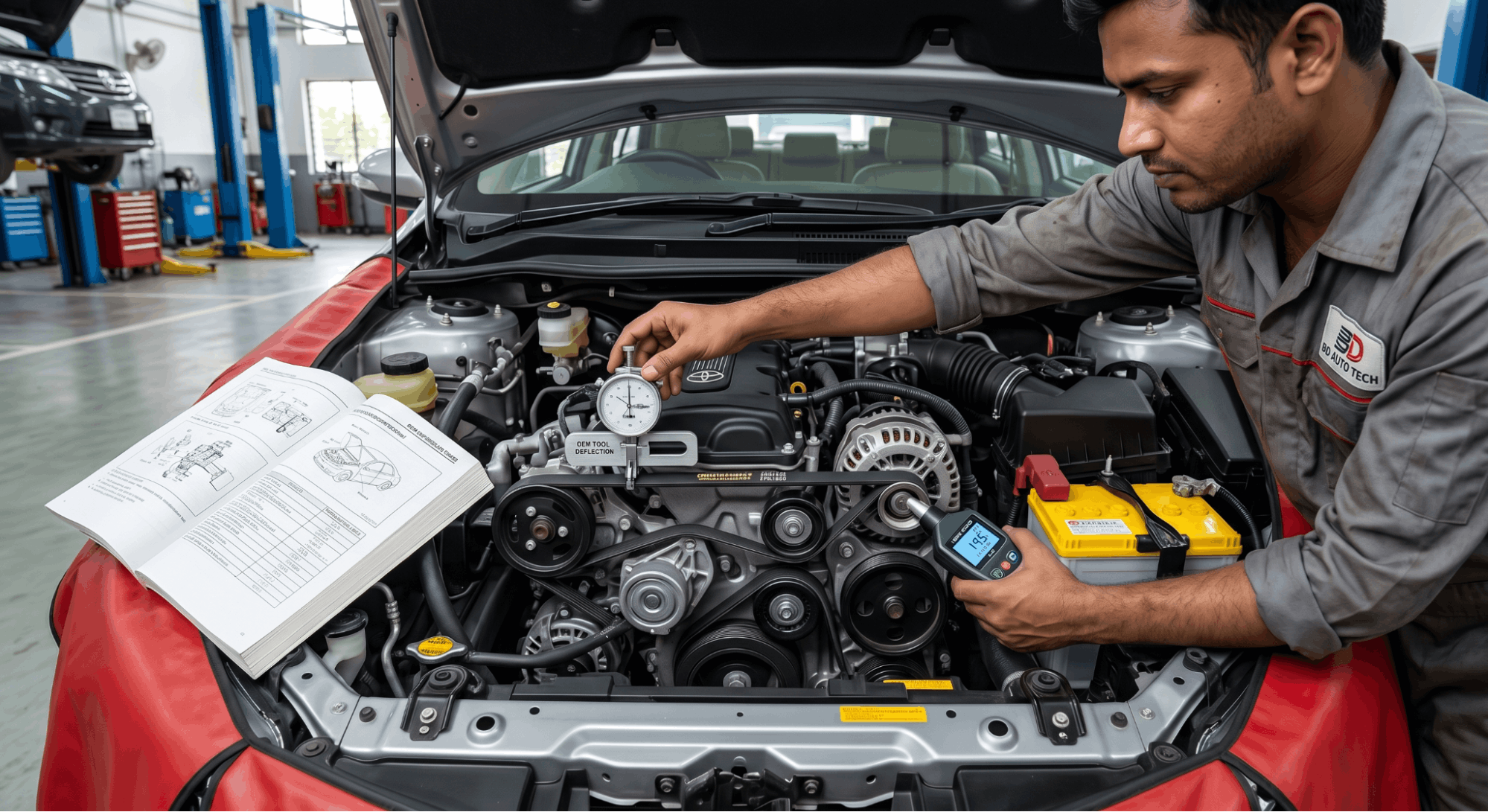technician measuring drive belt tension using deflection gauge and sonic meter