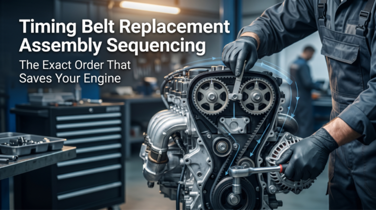 Mechanic aligning timing belt in engine bay showing precise assembly sequencing steps