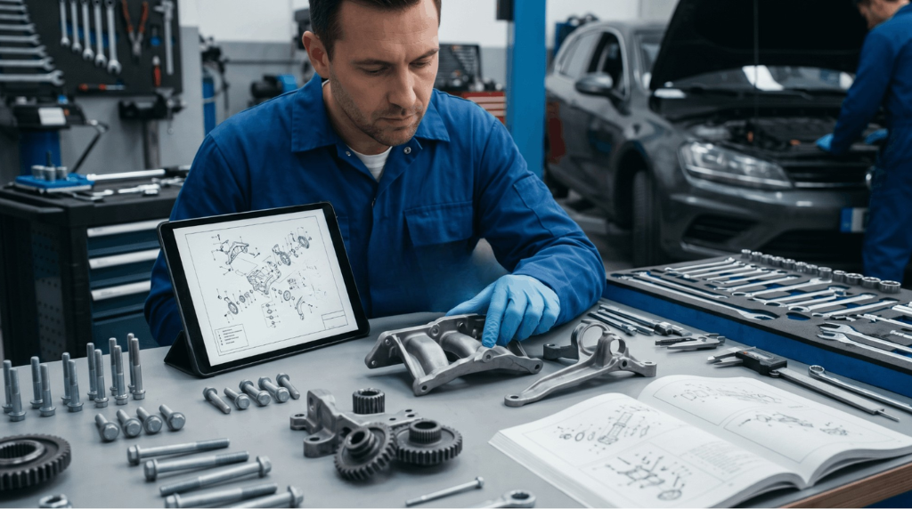 technician comparing mechanical parts to exploded diagram on workshop bench