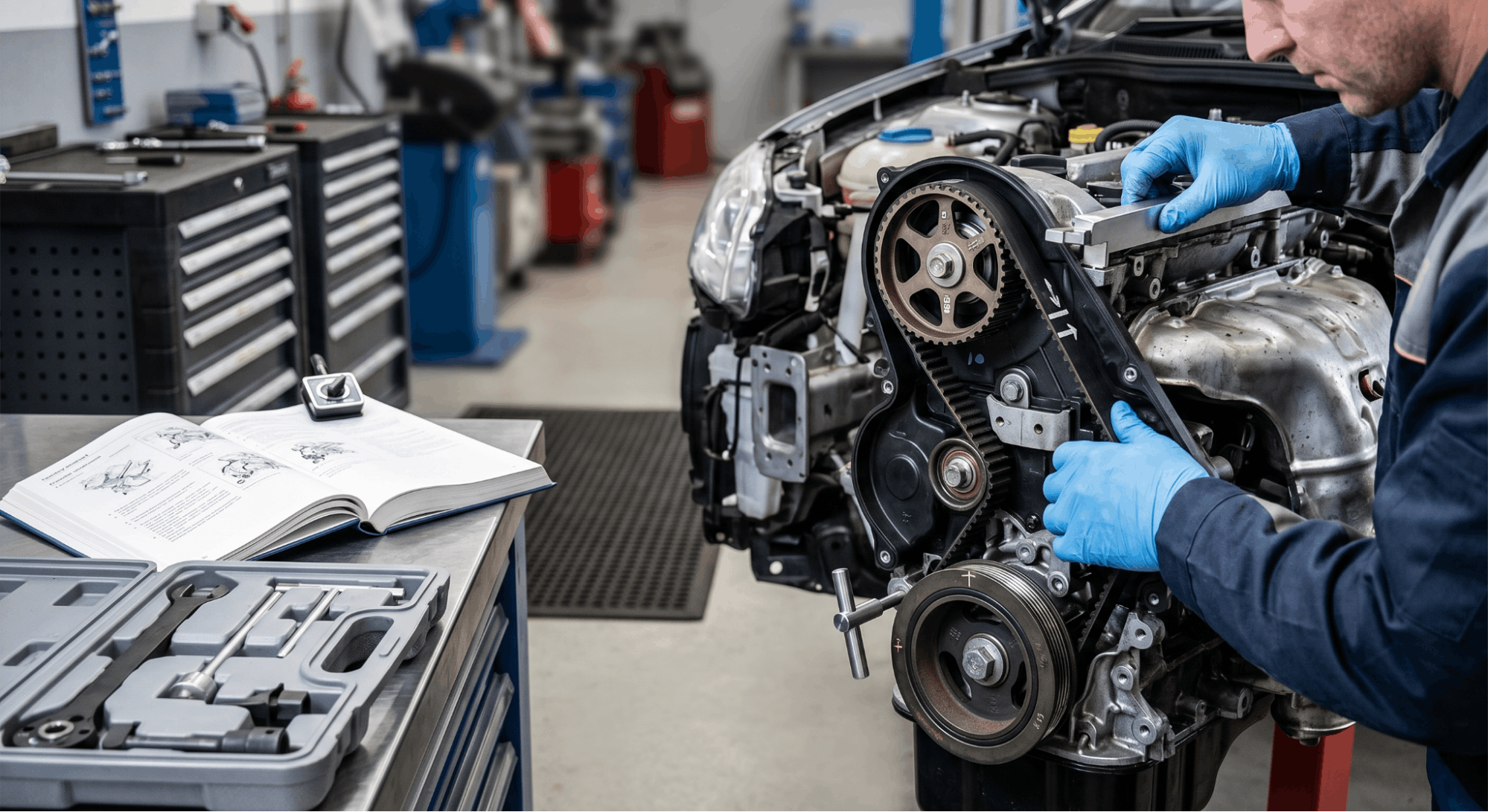 technician locking camshaft and crankshaft during timing belt service