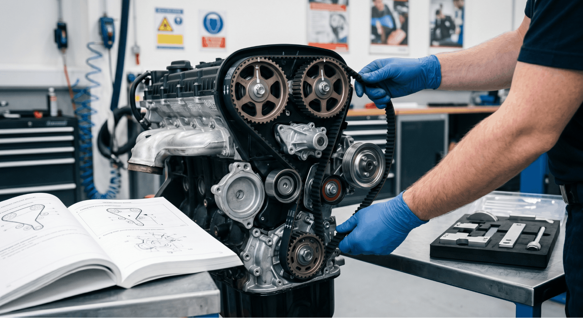 technician routing timing belt through crank and cam sprockets during installation
