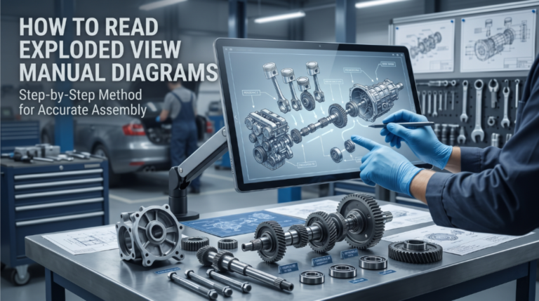 Technician reading exploded view automotive diagram on digital screen with mechanical parts on workbench