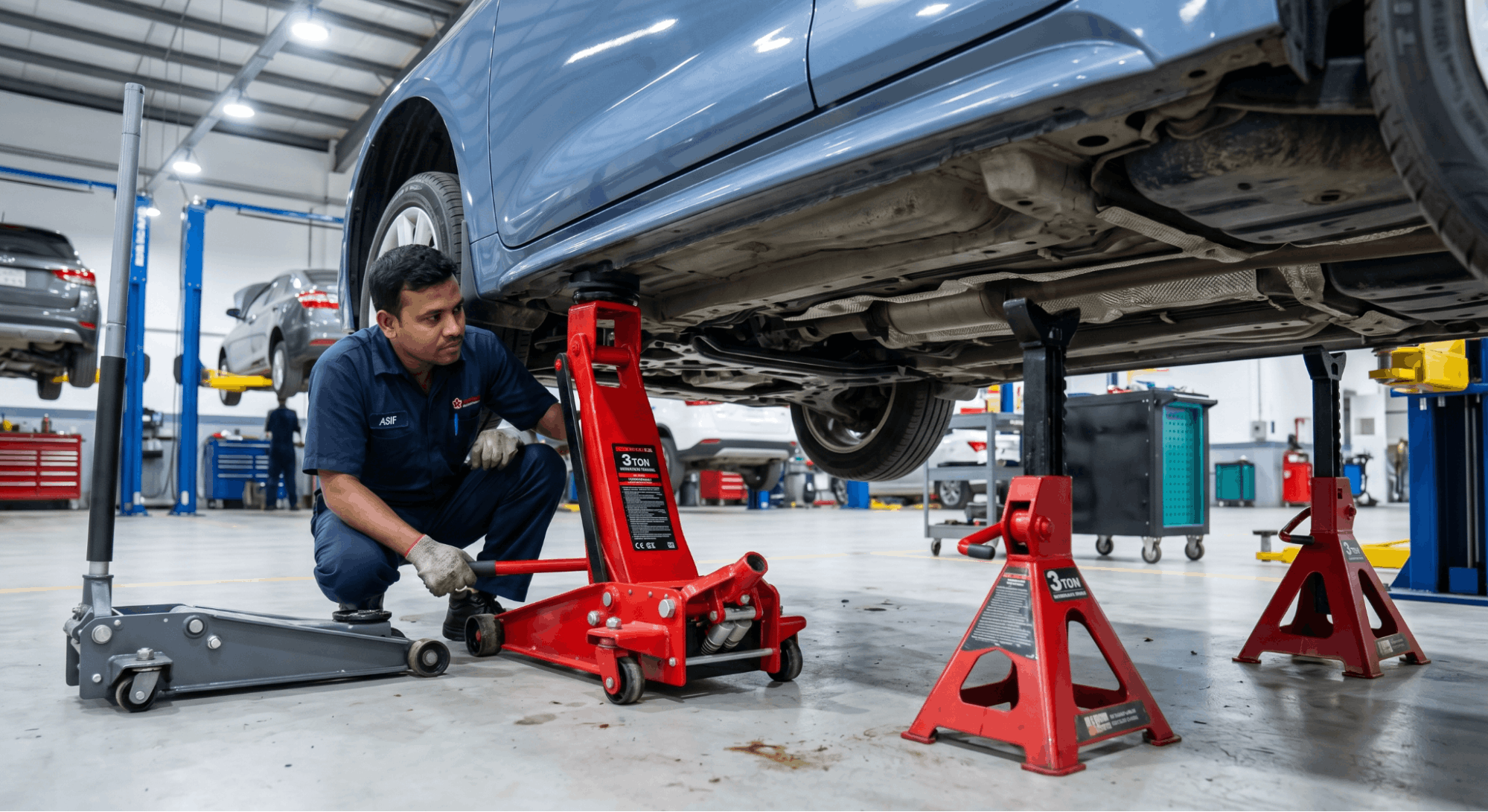 technician lifting car with floor jack and placing jack stands at OEM points