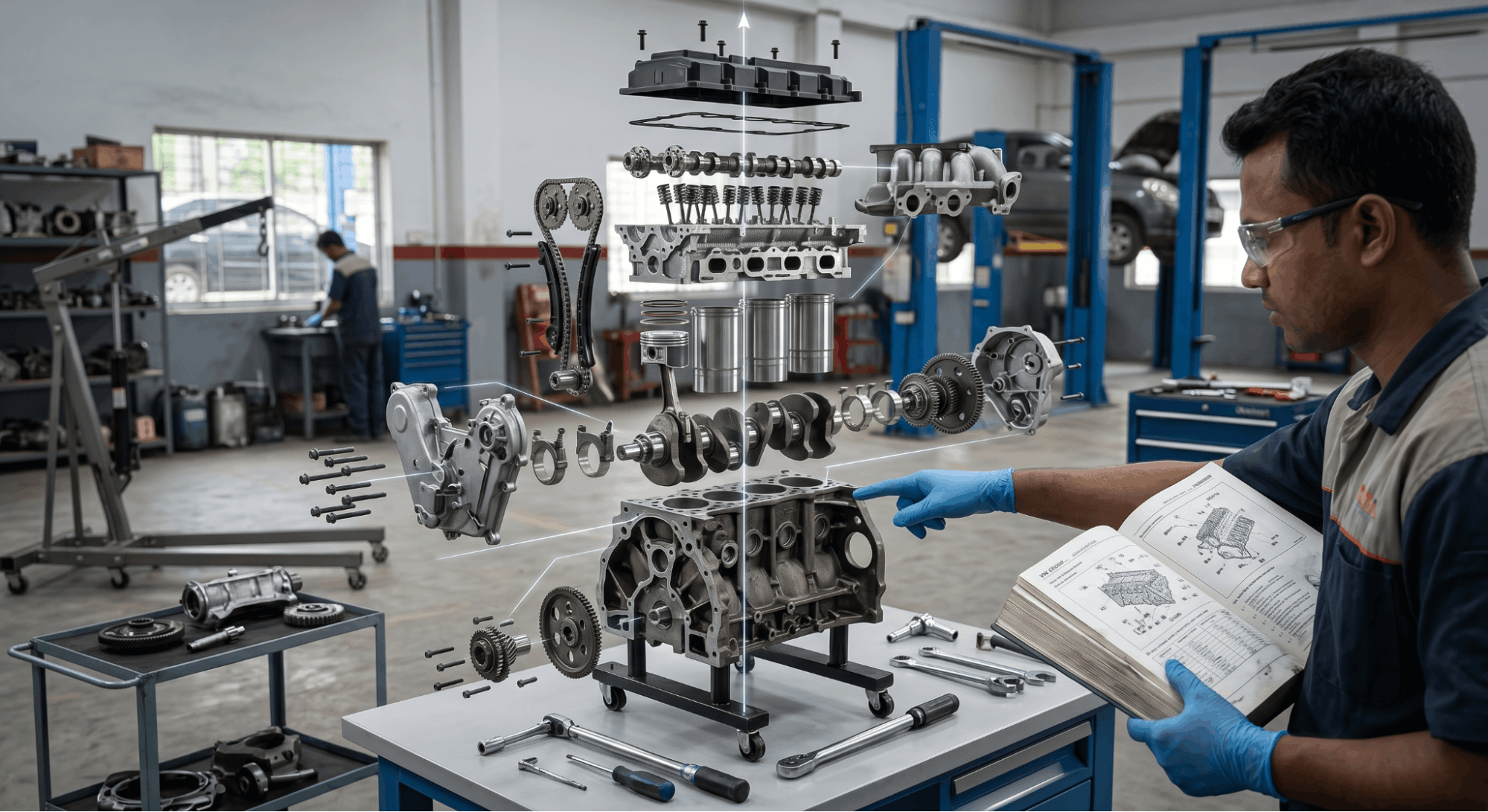 engine parts aligned along axis showing exploded view assembly order