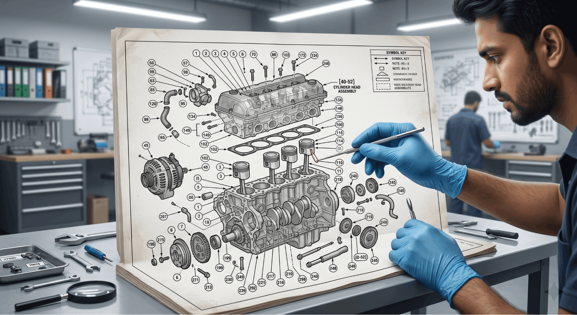technician interpreting callout lines and symbols in exploded mechanical diagram