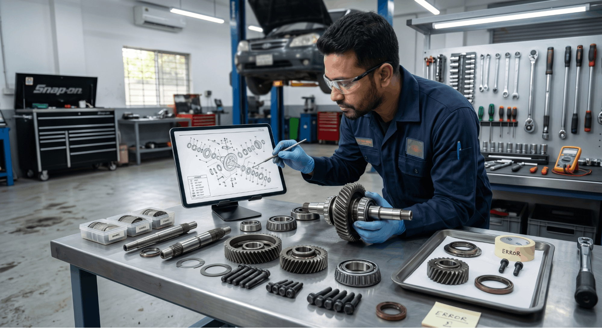 technician comparing mechanical parts to exploded diagram on workshop bench