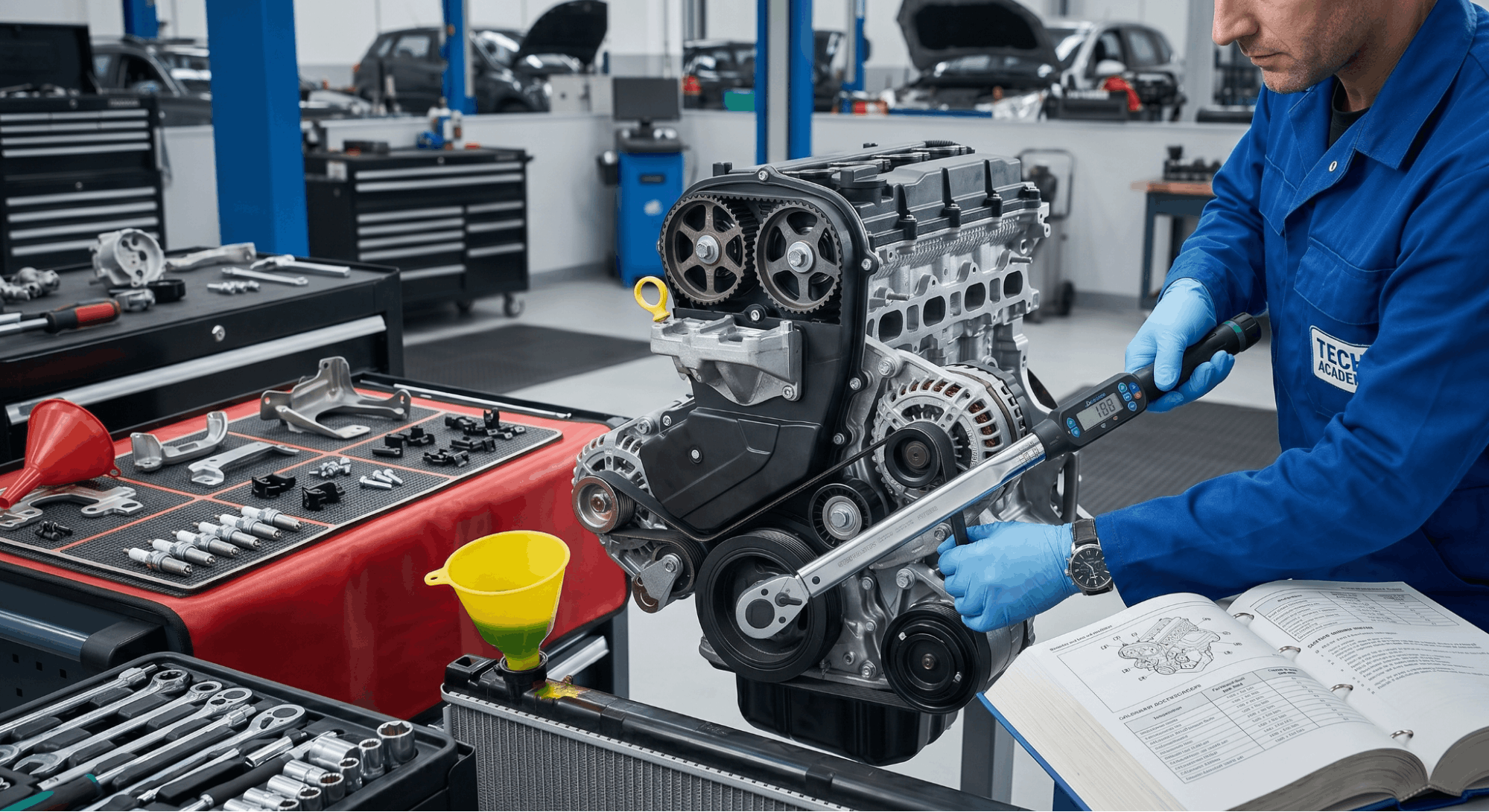 technician torquing crankshaft pulley during engine reassembly after timing belt service