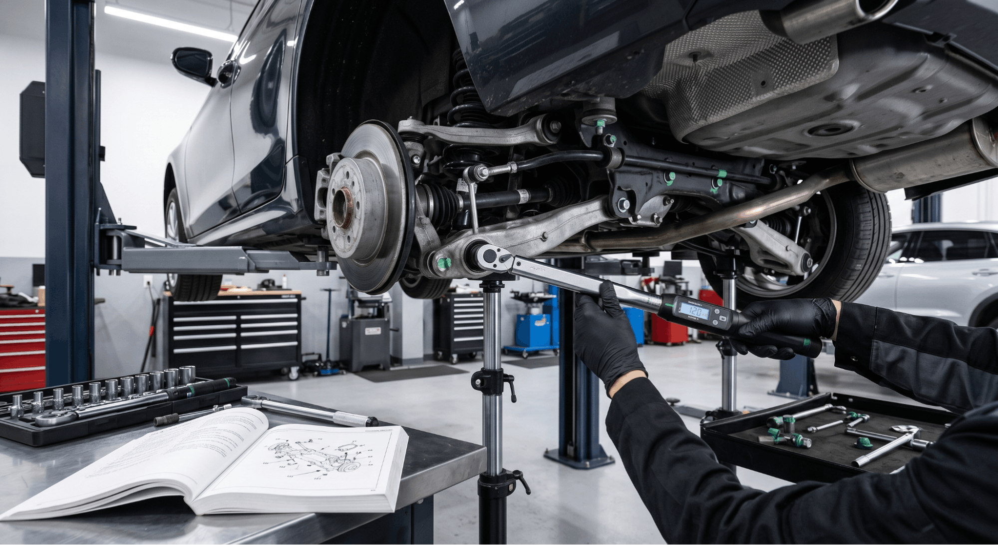 technician torquing suspension control arm bushing at ride height on lift