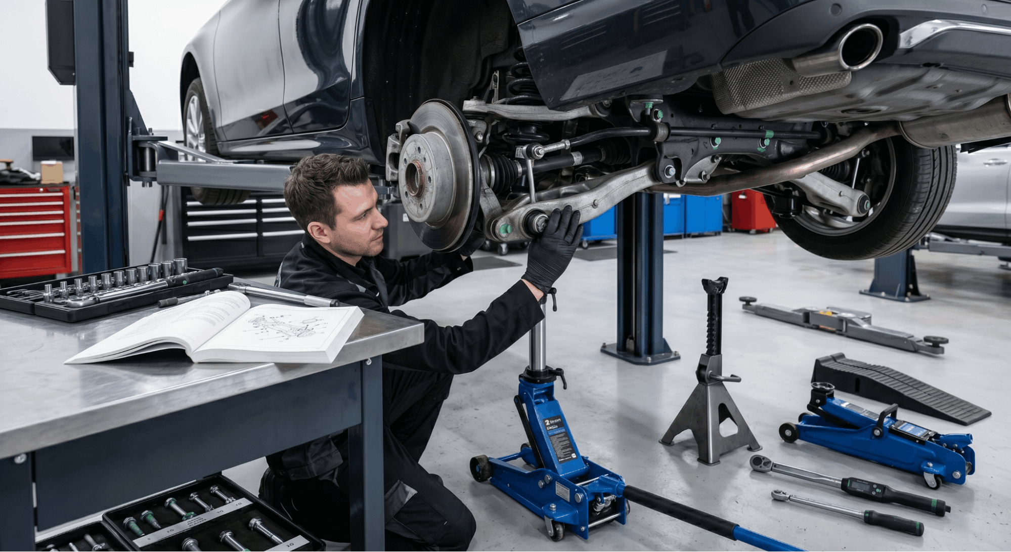 technician preparing suspension preload tools with car on jack stands in workshop