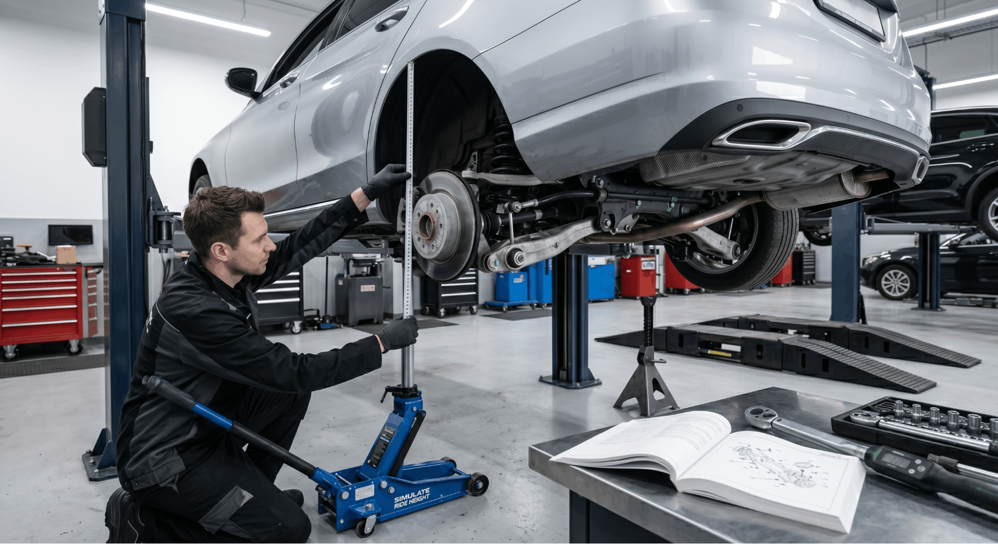 technician setting suspension to ride height using jack and measuring hub height in workshop