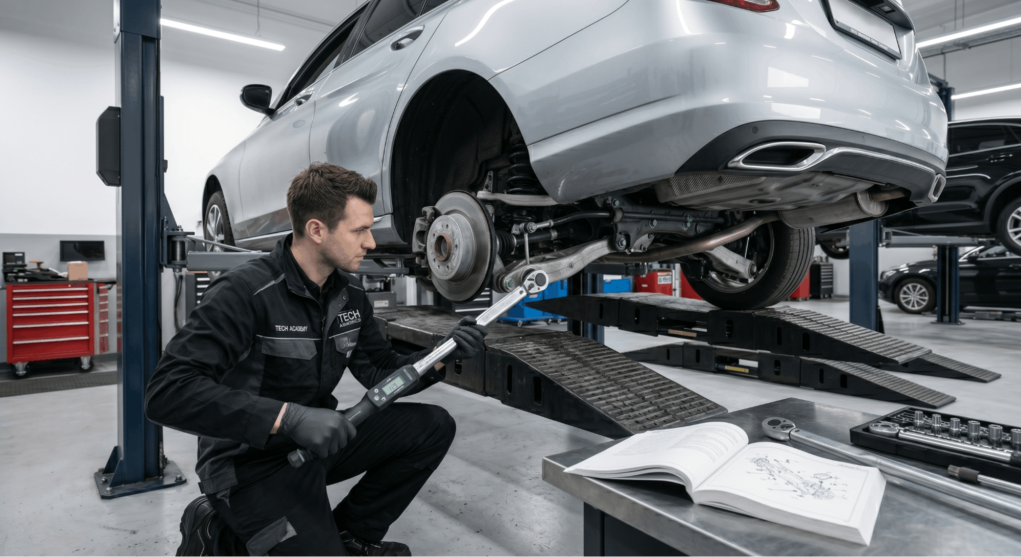 technician torquing suspension control arm bolts at ride height using torque wrench