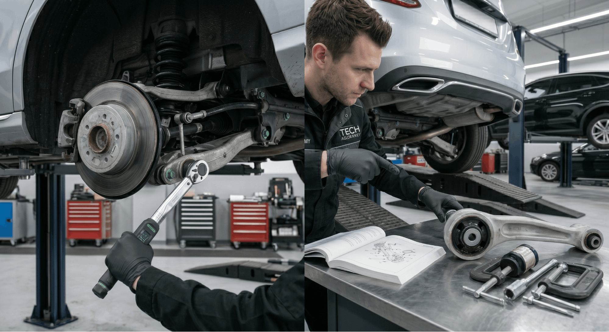 technician comparing rubber and polyurethane suspension bushings during installation process
