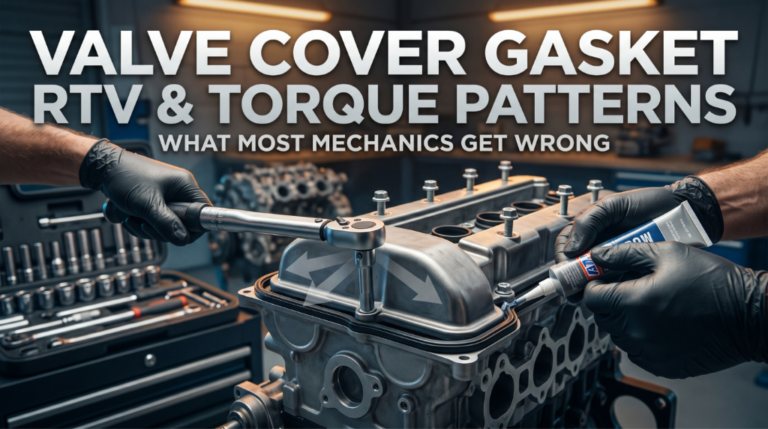 Mechanic applying RTV sealant and tightening valve cover bolts with torque wrench on engine