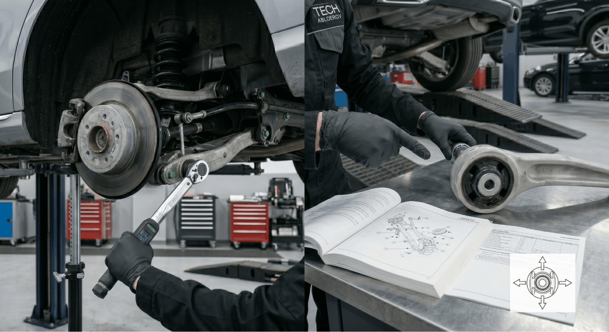 technician comparing rubber and polyurethane suspension bushings during installation process