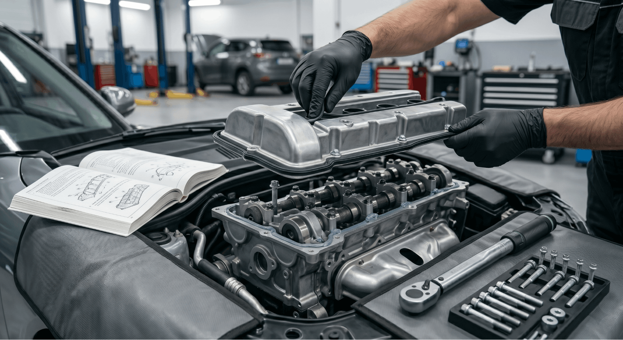 technician carefully seating valve cover gasket and lowering cover onto engine head