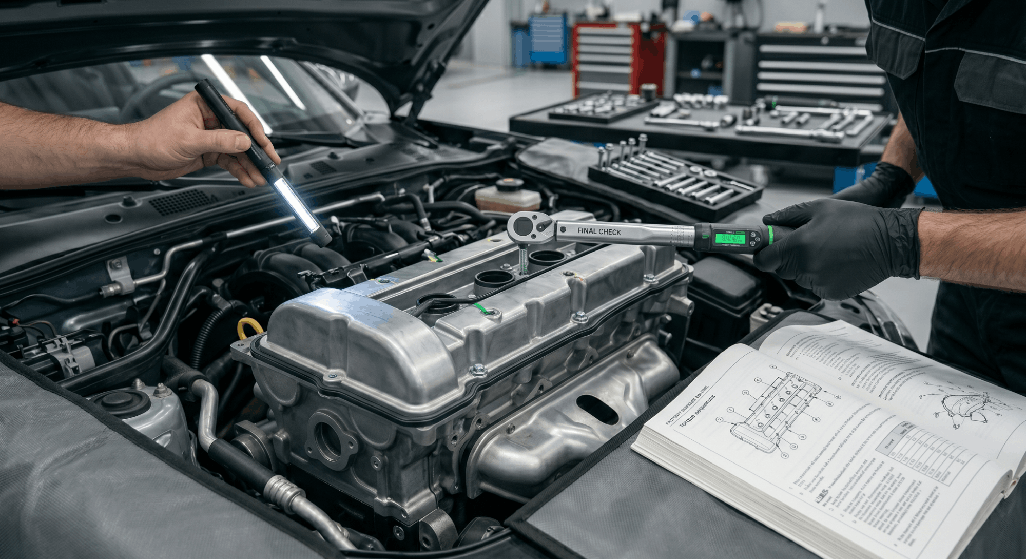 technician inspecting valve cover gasket after torque and checking for oil leaks in engine bay