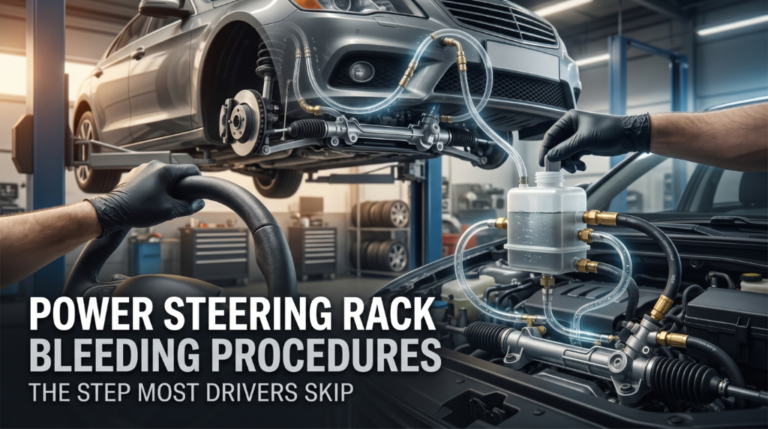 Mechanic performing power steering bleeding process with fluid reservoir and steering wheel cycle in workshop