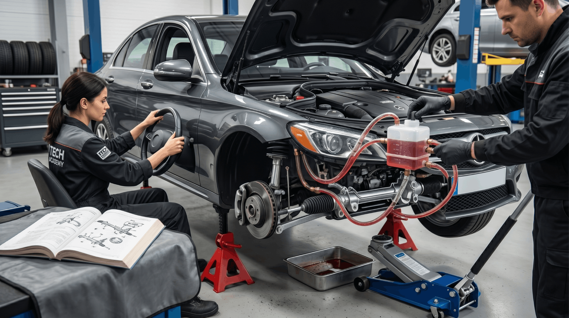 technician bleeding power steering system while turning steering wheel in workshop