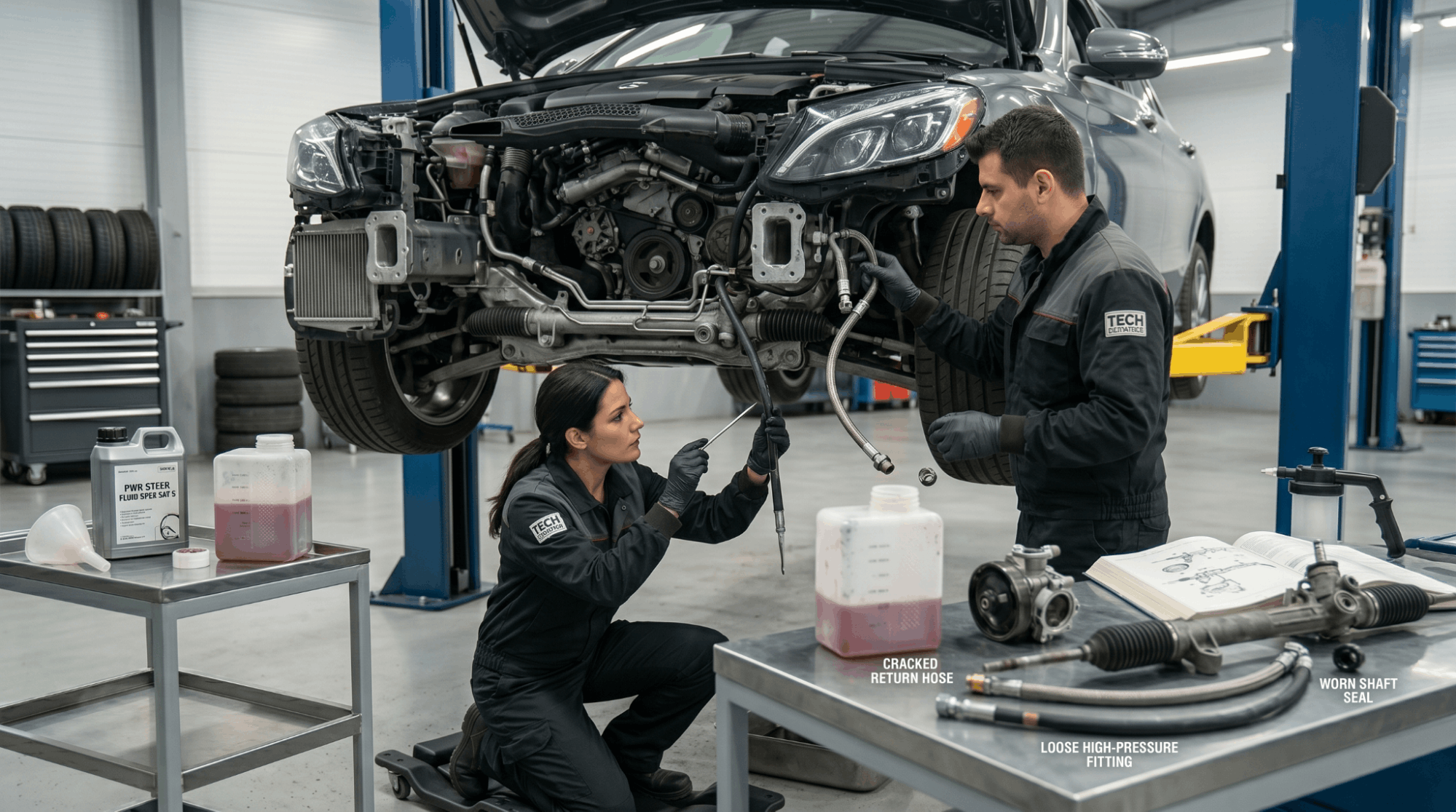 technician inspecting cracked power steering hose and rack system for air leak points