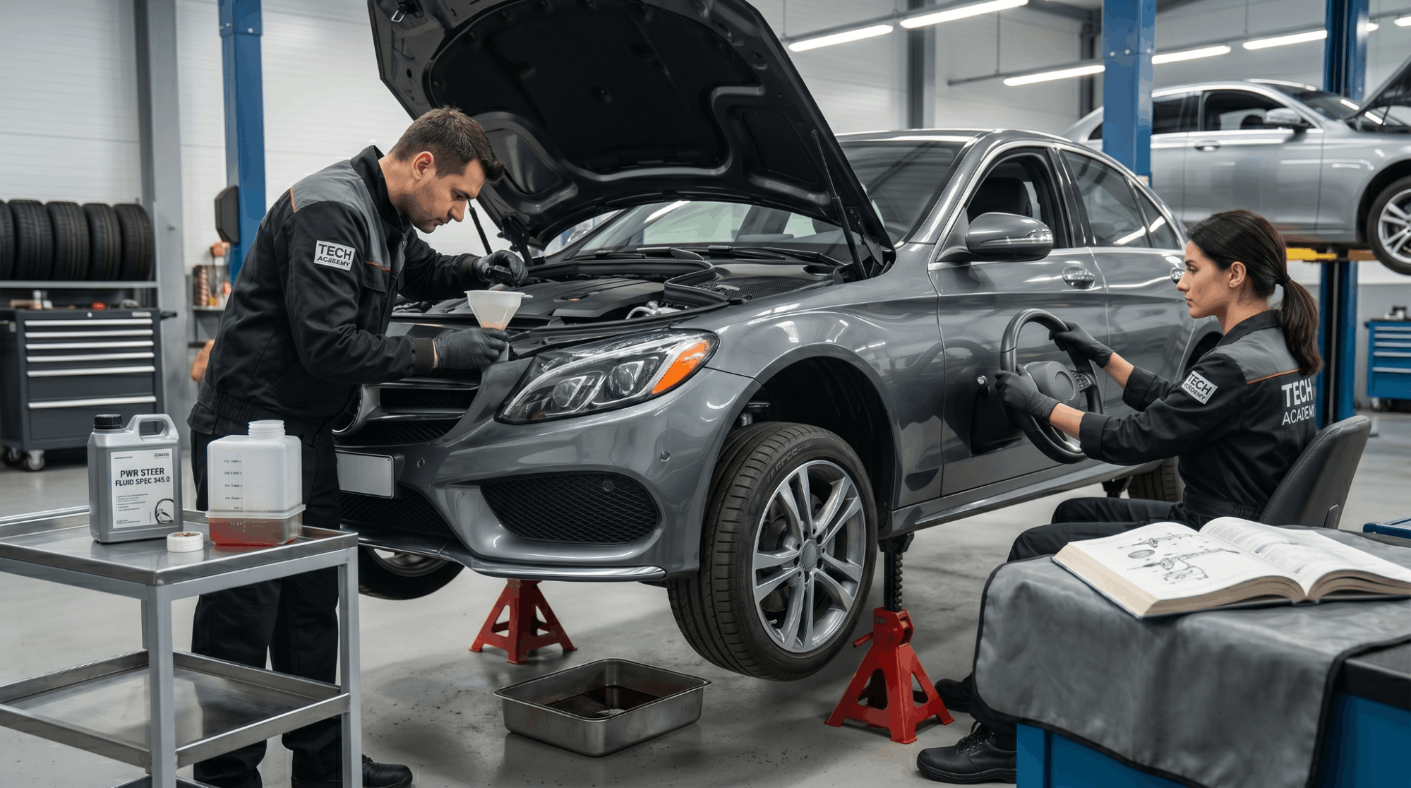 technician checking power steering fluid with car front wheels lifted on jack stands